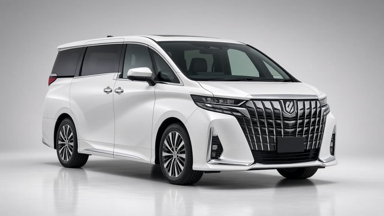 Latest Toyota Alphard luxury MPV in pearl white, three-quarter front view