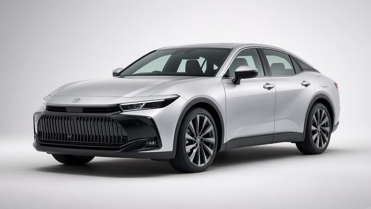 Latest Toyota Crown executive sedan in silver, three-quarter front view